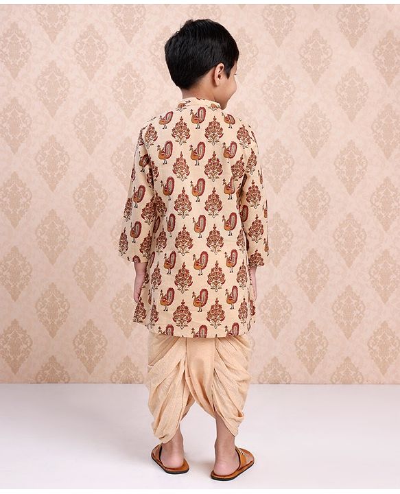 Babyhug Full Sleeves Kurta & Dhoti Peacock Print - Cream