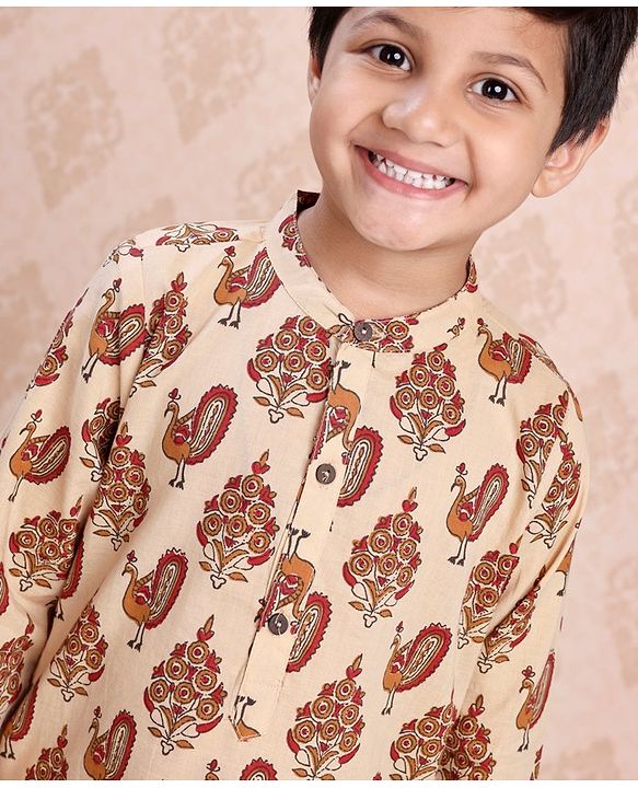 Babyhug Full Sleeves Kurta & Dhoti Peacock Print - Cream