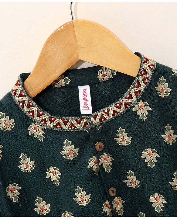 Babyhug Full Sleeves Cotton Printed Kurta & Solid Colour Dhoti Set- Green