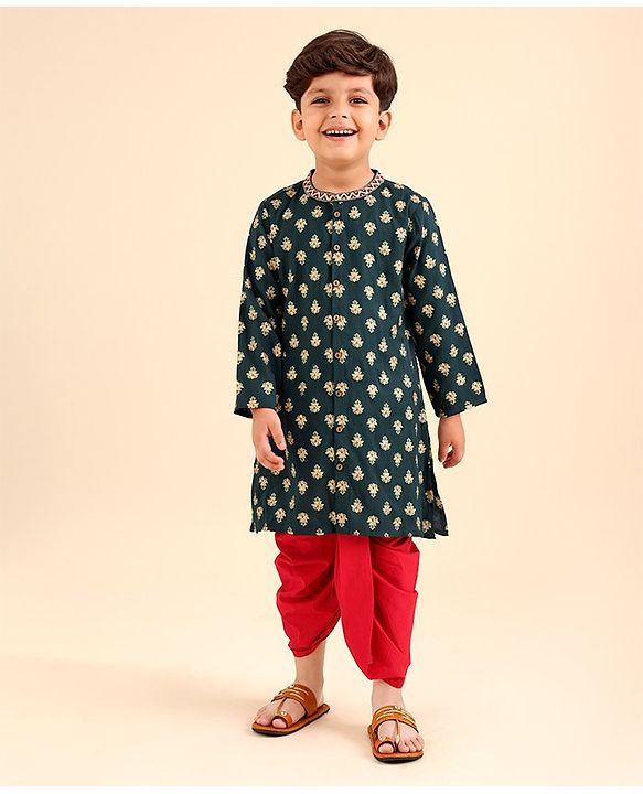 Babyhug Full Sleeves Cotton Printed Kurta & Solid Colour Dhoti Set- Green