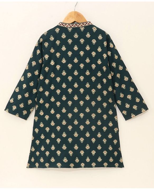 Babyhug Full Sleeves Cotton Printed Kurta & Solid Colour Dhoti Set- Green