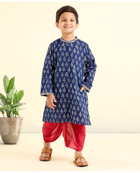Babyhug Full Sleeves Tree Print Kurta and Dhoti Set - Indigo