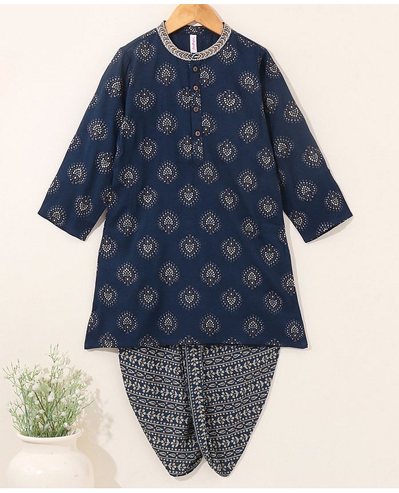Babyhug Full Sleeves Kurta and Dhoti Set Block Print - Navy