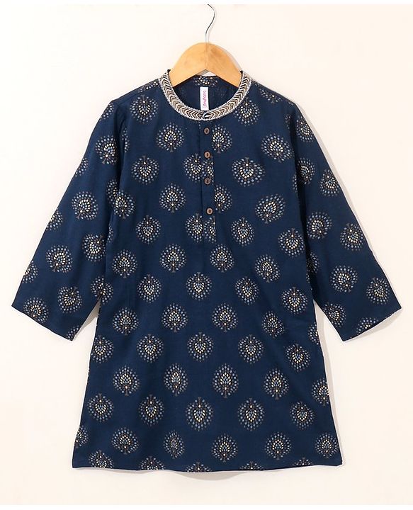 Babyhug Full Sleeves Kurta and Dhoti Set Block Print - Navy