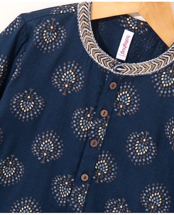 Babyhug Full Sleeves Kurta and Dhoti Set Block Print - Navy