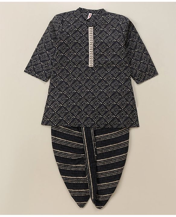 Babyhug Full Sleeves Cotton Kurta & Dhoti Set Printed- Steel Grey