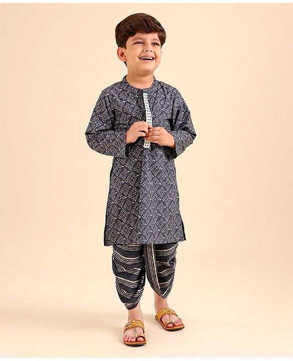 Babyhug Full Sleeves Cotton Kurta & Dhoti Set Printed- Steel Grey