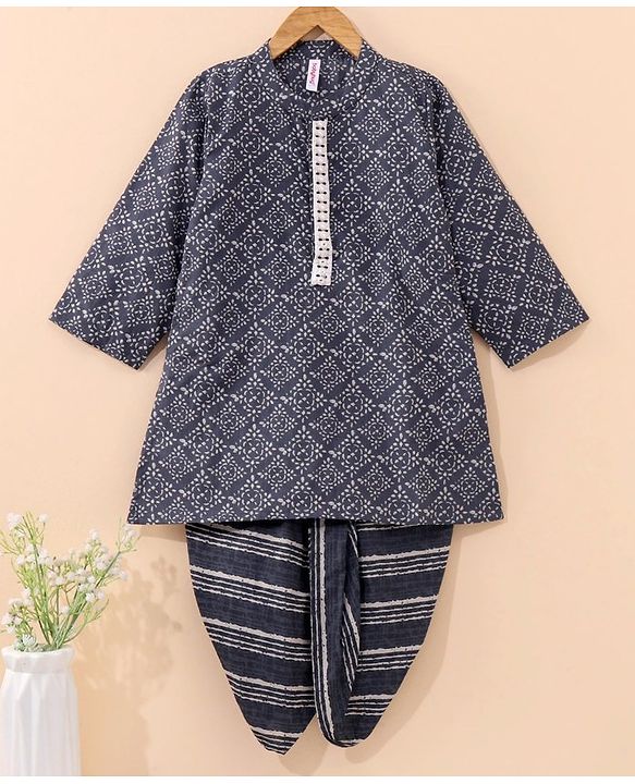 Babyhug Full Sleeves Cotton Kurta & Dhoti Set Printed- Steel Grey