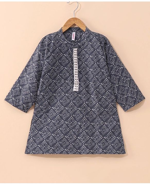 Babyhug Full Sleeves Cotton Kurta & Dhoti Set Printed- Steel Grey