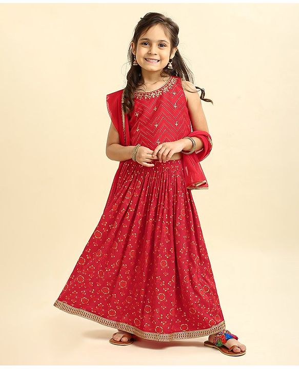Babyhug Woven Sleeveless Choli & Lehenga Set with Dupatta Embellished & Printed - Red