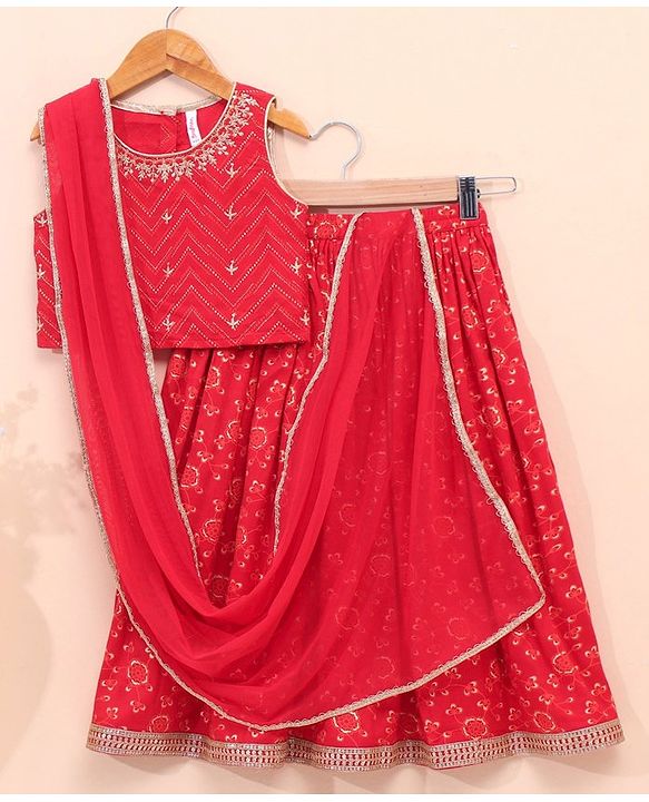 Babyhug Woven Sleeveless Choli & Lehenga Set with Dupatta Embellished & Printed - Red