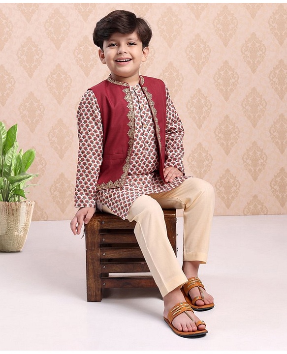 Babyhug Full Sleeves Cotton Kurta & Pyjama Set With Waistcoat Printed- Beige