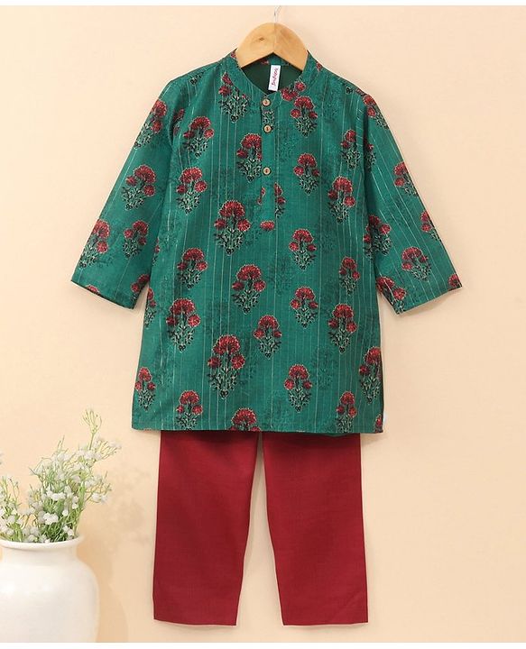 Babyhug Cotton Woven  Full Sleeves Bagh Printed Kurta & Pyjama Set - Green