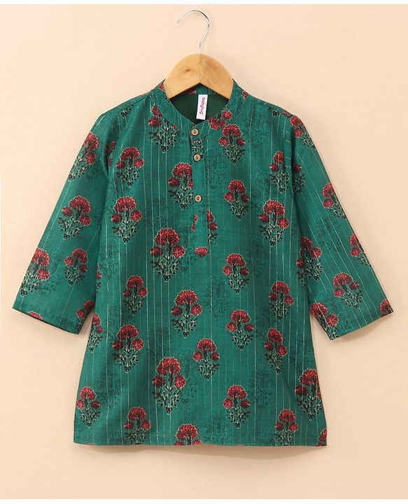 Babyhug Cotton Woven  Full Sleeves Bagh Printed Kurta & Pyjama Set - Green