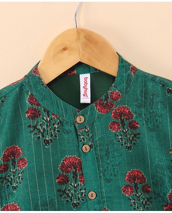 Babyhug Cotton Woven  Full Sleeves Bagh Printed Kurta & Pyjama Set - Green