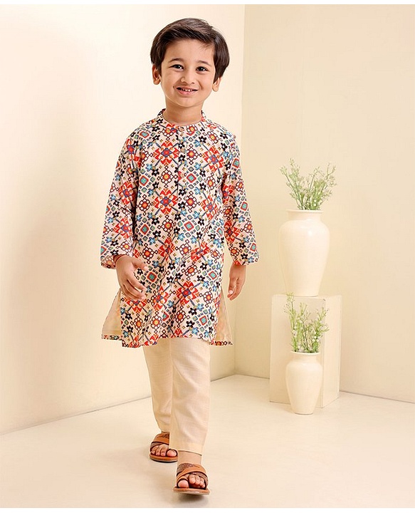 Babyhug Full Sleeves Kurta Pyjama Set Printed - Cream