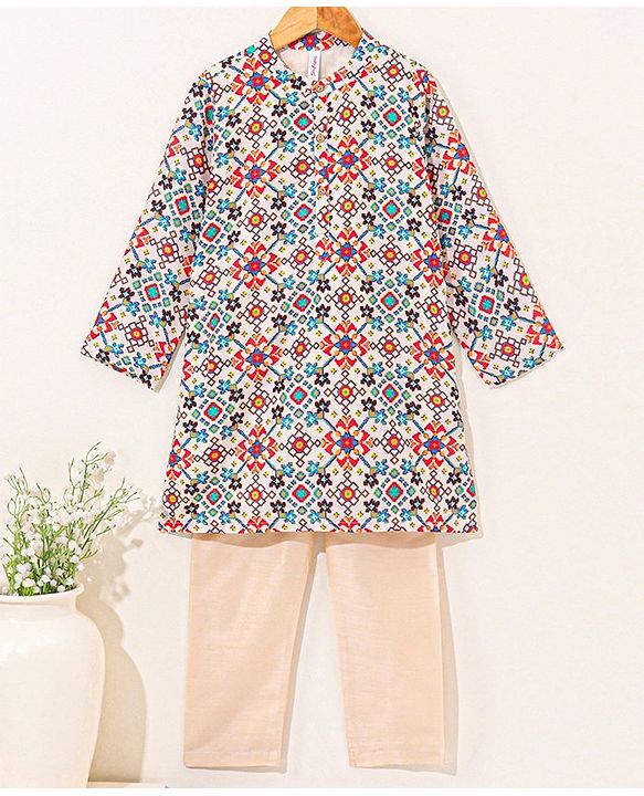Babyhug Full Sleeves Kurta Pyjama Set Printed - Cream