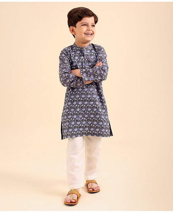 Babyhug Cotton Woven Full Sleeves Kurta & Pajama Set Floral Print - Grey