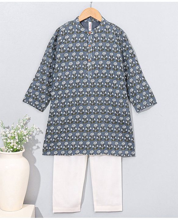 Babyhug Cotton Woven Full Sleeves Kurta & Pajama Set Floral Print - Grey