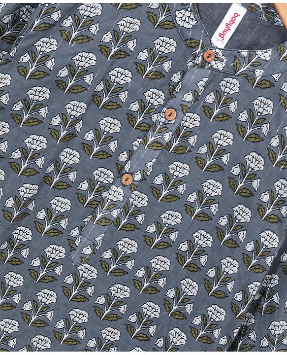 Babyhug Cotton Woven Full Sleeves Kurta & Pajama Set Floral Print - Grey