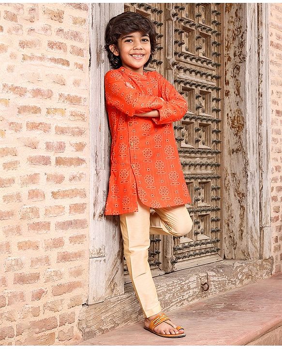 Babyhug Full Sleeves Kurta and Pyjama Set Flower Print - Orange