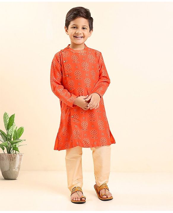 Babyhug Full Sleeves Kurta and Pyjama Set Flower Print - Orange