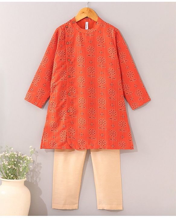 Babyhug Full Sleeves Kurta and Pyjama Set Flower Print - Orange