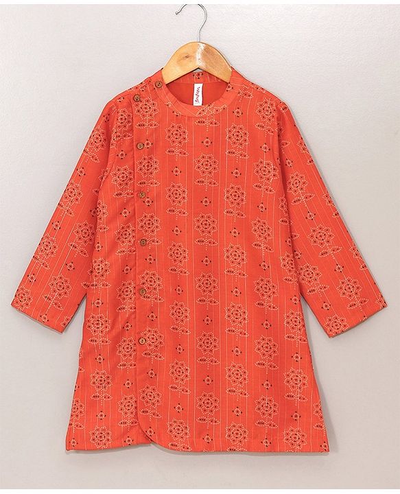 Babyhug Full Sleeves Kurta and Pyjama Set Flower Print - Orange