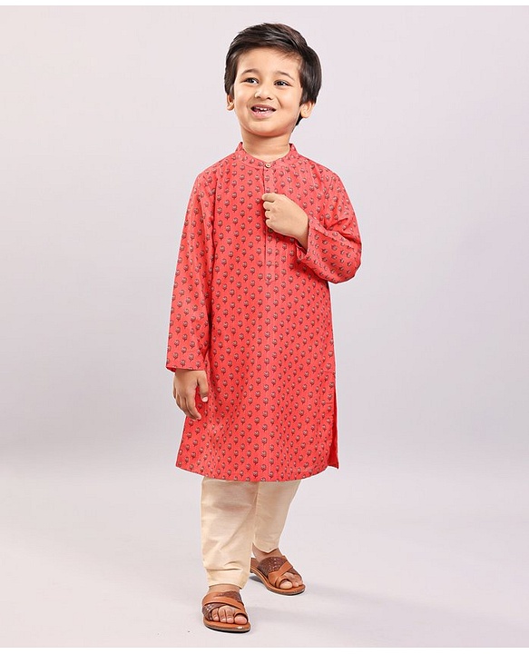 Babyhug Cotton Muslin Full Sleeve Floral Printed Kurta Pyjama Set - Coral