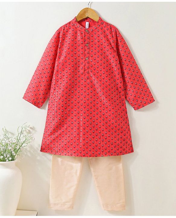 Babyhug Cotton Muslin Full Sleeve Floral Printed Kurta Pyjama Set - Coral