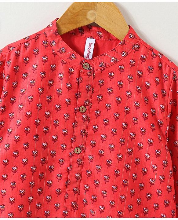 Babyhug Cotton Muslin Full Sleeve Floral Printed Kurta Pyjama Set - Coral