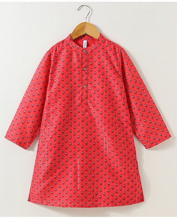 Babyhug Cotton Muslin Full Sleeve Floral Printed Kurta Pyjama Set - Coral