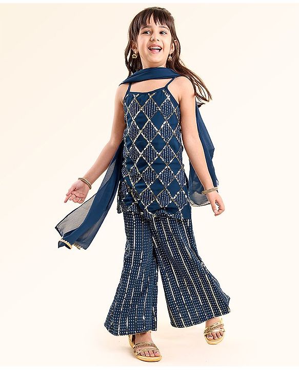 Babyhug Singlet Kurti & Sharara with Dupatta Sequins Detailing - Blue