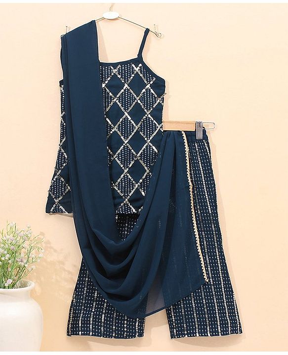 Babyhug Singlet Kurti & Sharara with Dupatta Sequins Detailing - Blue