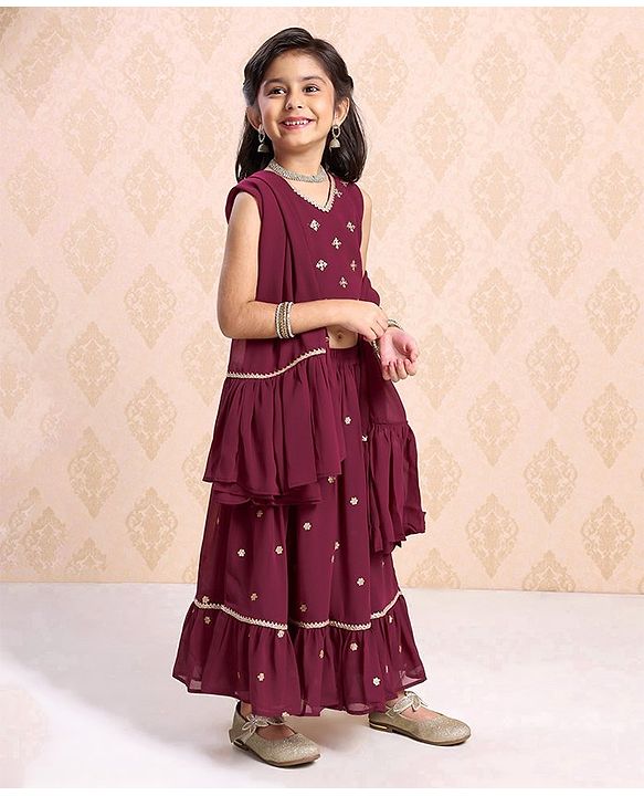 Babyhug Sleeveless Choli & Lehenga With Dupatta Sequin Detailing - Dark Red