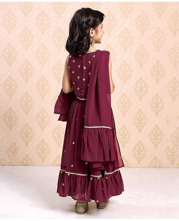 Babyhug Sleeveless Choli & Lehenga With Dupatta Sequin Detailing - Dark Red