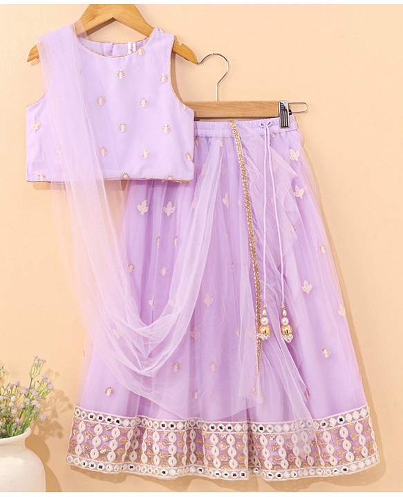 Babyhug Sleeveless Choli & Lehenga With Dupatta Embroidery & Net Detailing - Sheer Lilac