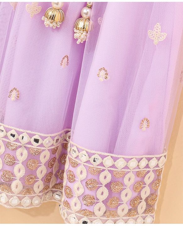 Babyhug Sleeveless Choli & Lehenga With Dupatta Embroidery & Net Detailing - Sheer Lilac