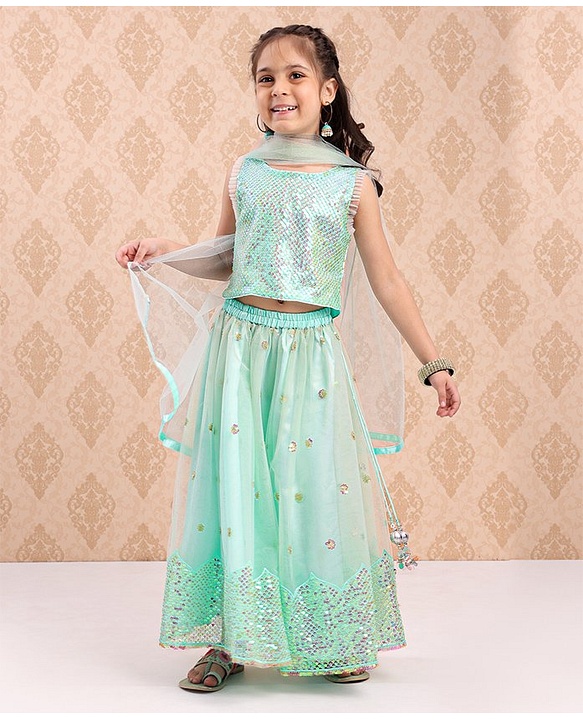 Babyhug Sleeveless Choli Lehenga And Dupatta Sequin Embellished - Blue