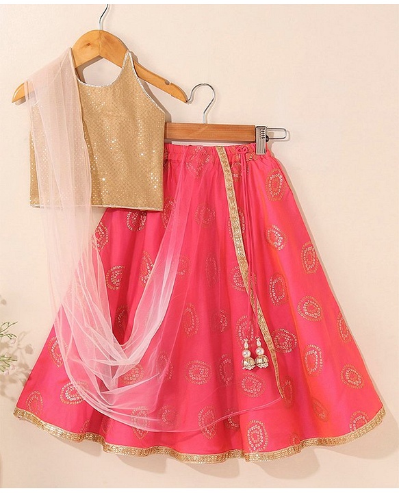 Babyhug Woven Singlet Sleeves Choli Lehenga Set With Glitter Print Sequinned Detailing & Dupatta - Dark Red & Yellow main image 1