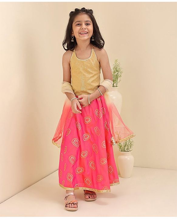 Babyhug Woven Sleeveless Choli & Lehenga With Dupatta Embellished Embroidery- Pink