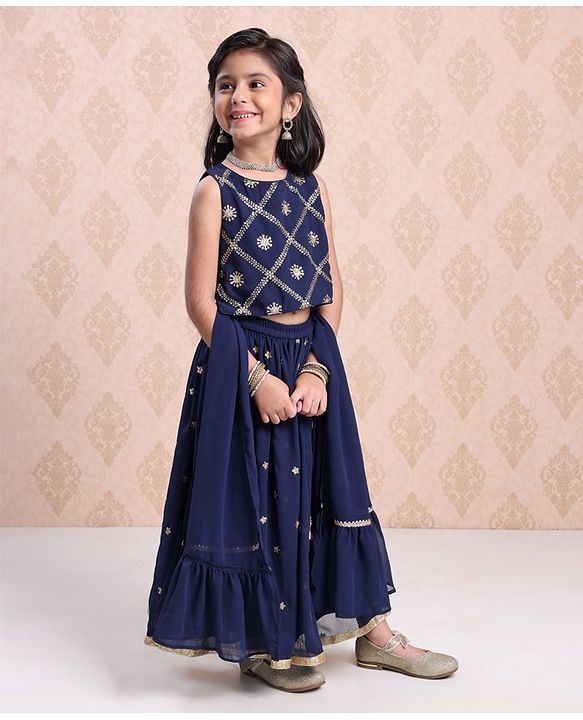 Babyhug Sleeveless Choli & Lehenga With Dupatta Sequin Detailing - Dark Blue