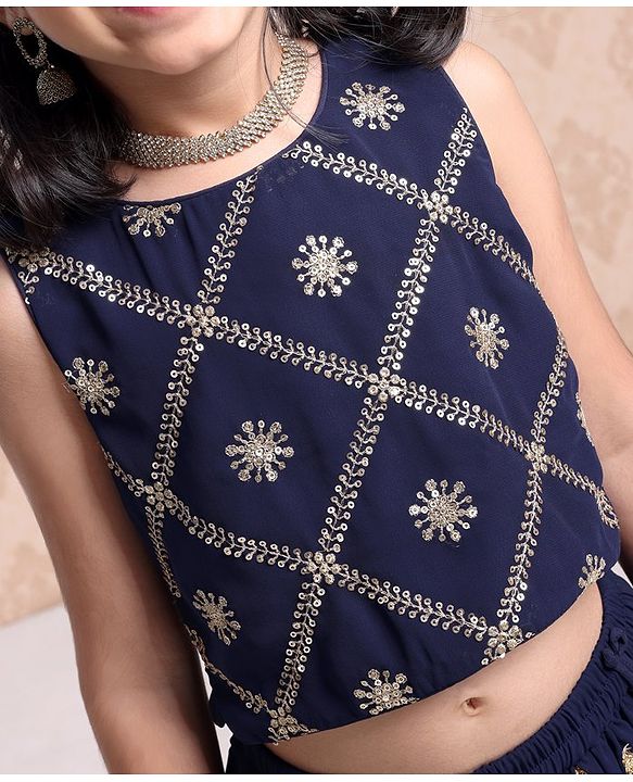 Babyhug Sleeveless Choli & Lehenga With Dupatta Sequin Detailing - Dark Blue