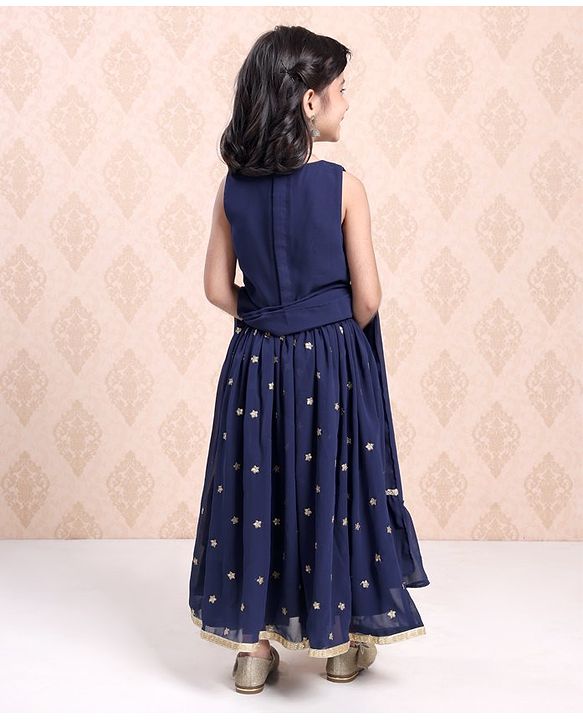 Babyhug Sleeveless Choli & Lehenga With Dupatta Sequin Detailing - Dark Blue