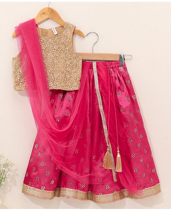 Babyhug Sleeveless Choli & Lehenga Set With Dupatta & Embellishment - Fuchsia Pink