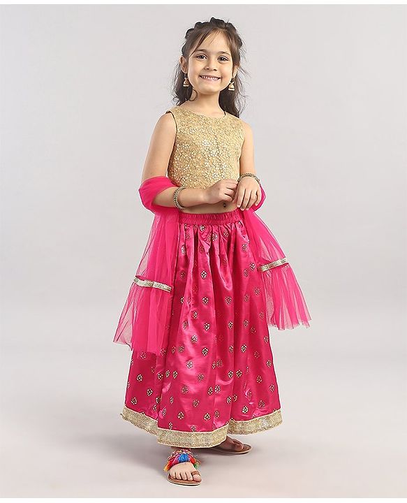 Babyhug Sleeveless Choli & Lehenga Set With Dupatta & Embellishment - Fuchsia Pink