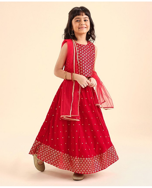 Babyhug Woven Sleeveless Embroidery Choli Lehenga With Dupatta - Red