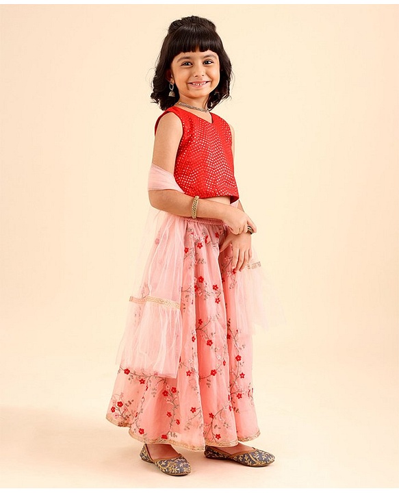 Babyhug Sleeveless Sequinned Choli & Embroidered Lehenga With Dupatta Set - Red Pink