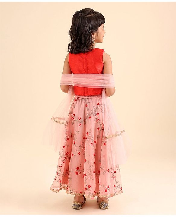 Babyhug Sleeveless Sequinned Choli & Embroidered Lehenga With Dupatta Set - Red Pink
