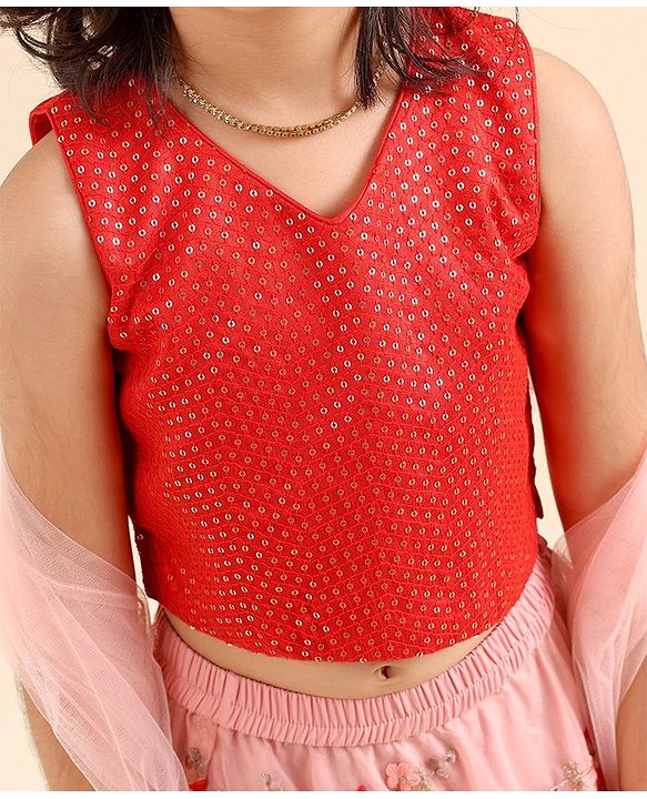 Babyhug Sleeveless Sequinned Choli & Embroidered Lehenga With Dupatta Set - Red Pink